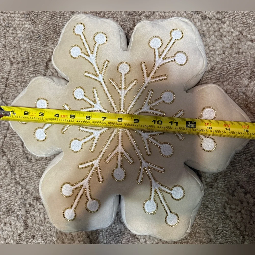 Holiday Snowflake Decorative Pillow - Beige with Gold Embroidery